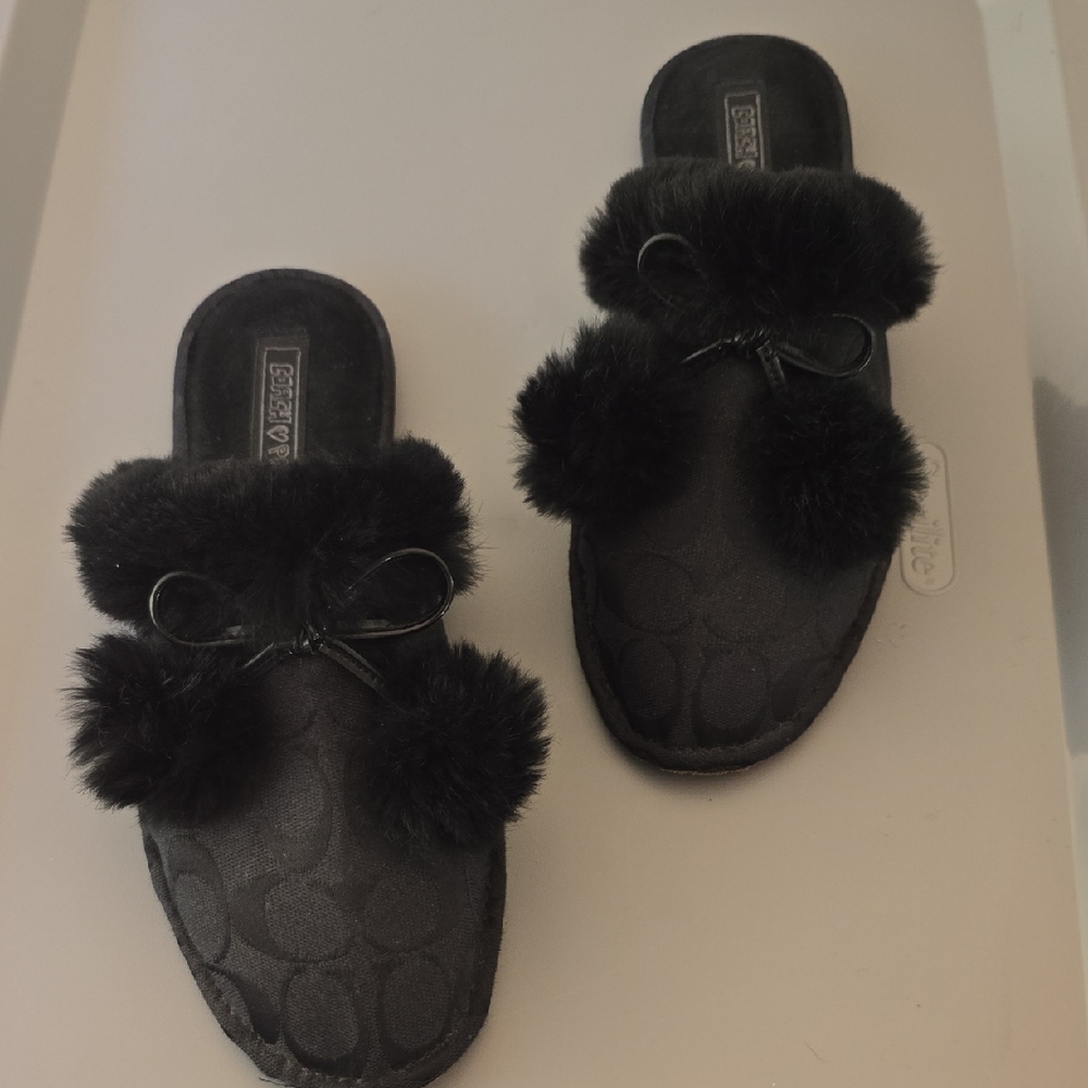 Vintage Coach Poppy Black Fur Pom-Pom Slippers SIZE 9 Never Worn